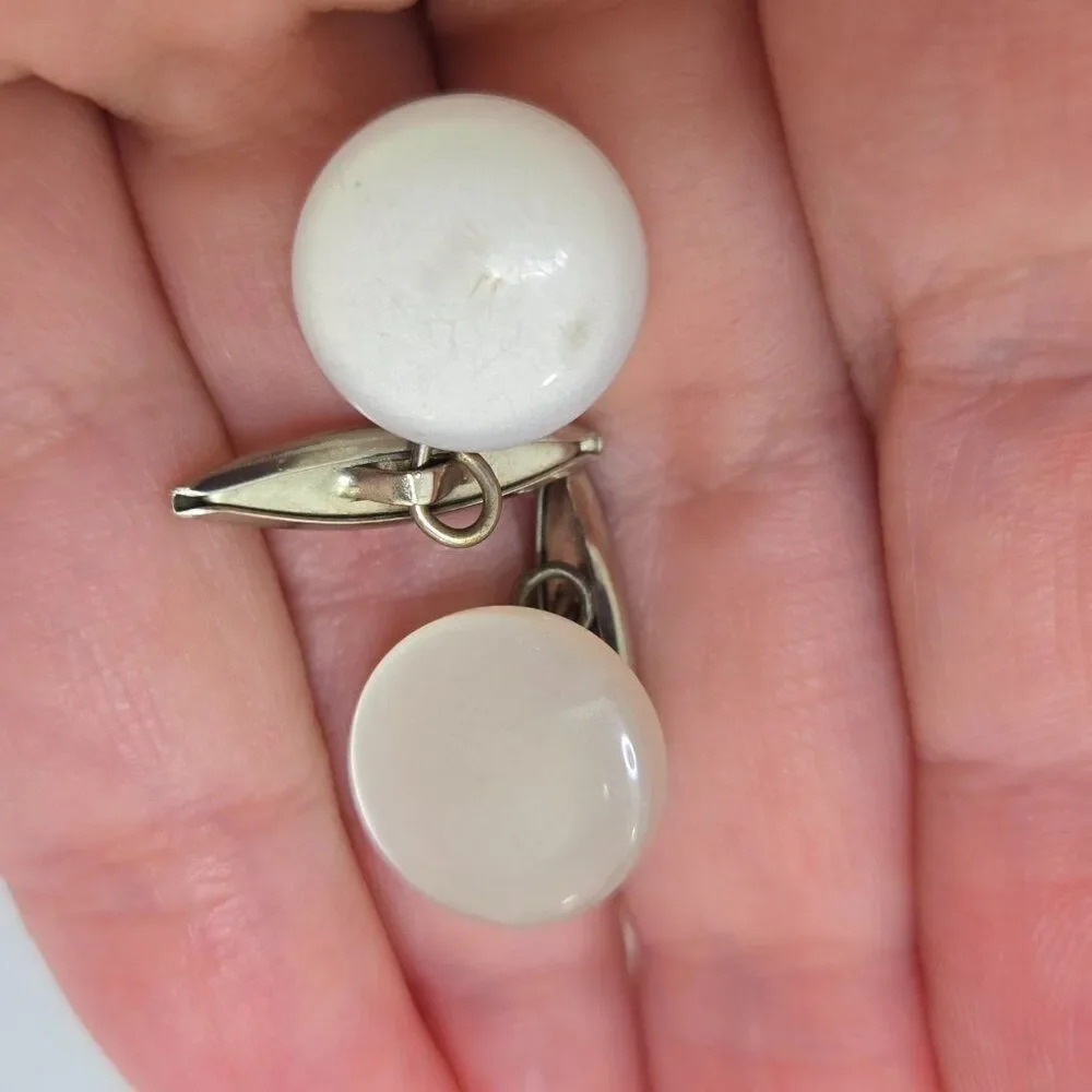 Vintage Mens Cufflinks Large Round Button Style Smooth Plastic Silver Tone White